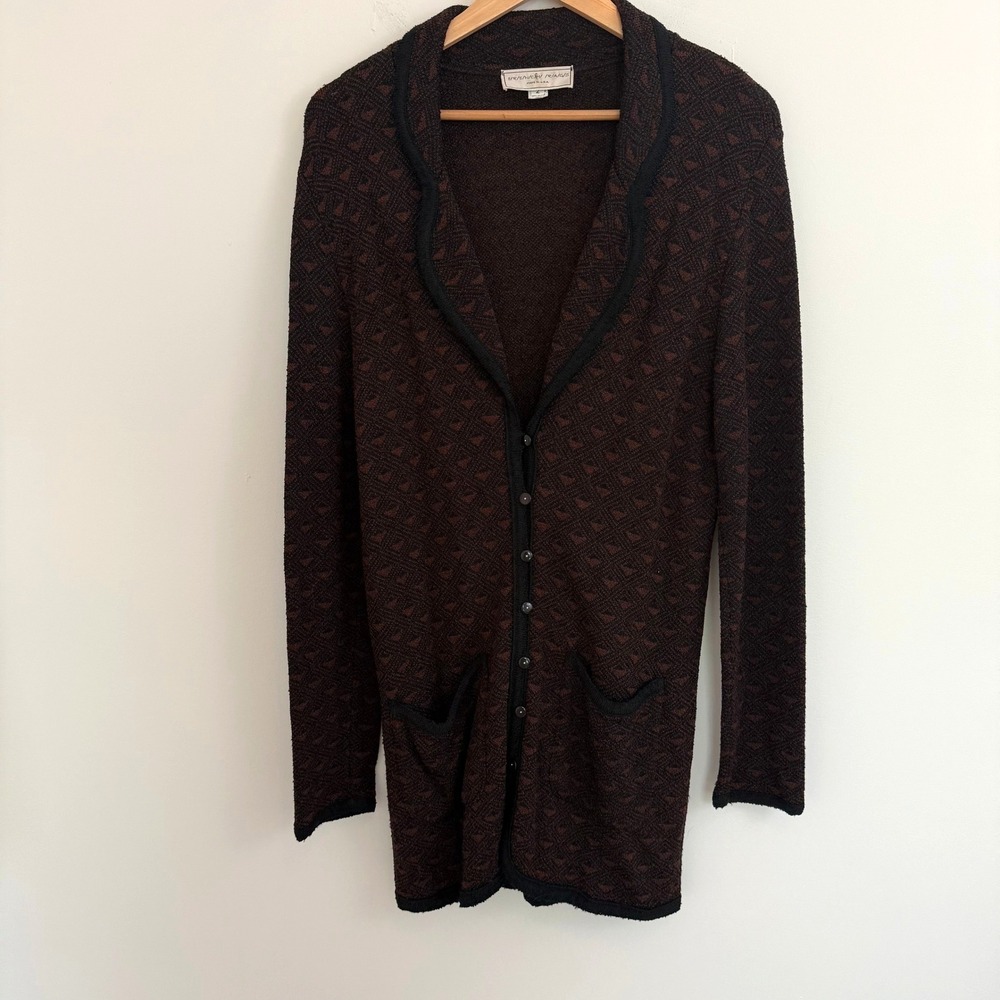 Vtg French Rags Brown Black Geometric Jacquard Rayon Knit Longline Cardigan Sz 2 - Picture 3 of 11